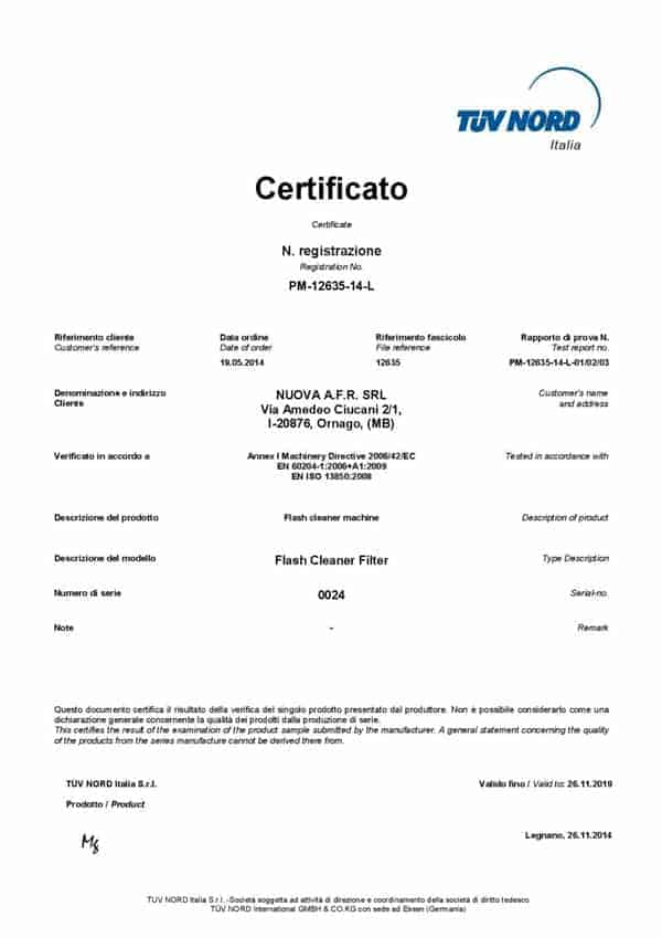 Certificate of DPF Machine Results TUV NORD ITALIA
